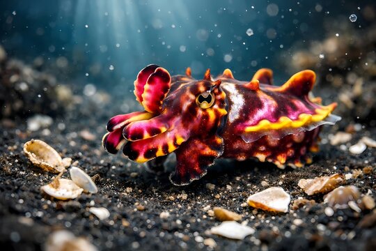 Colorful vibrant flamboyant cuttlefish crawling across the dark volcanic sand underwater. High resolution marine photography ideal for ocean life biology projects.