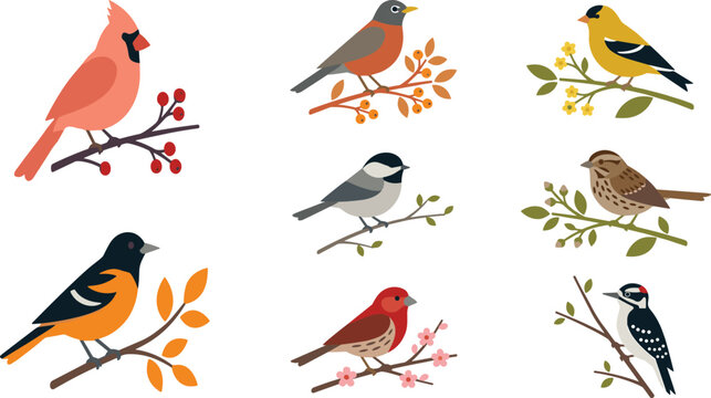 Colorful Perching Songbird Collection Featuring Cardinal Sparrow Robin Woodpecker and Finch Birds on Botanical Branches in Flat Vector Illustration Set