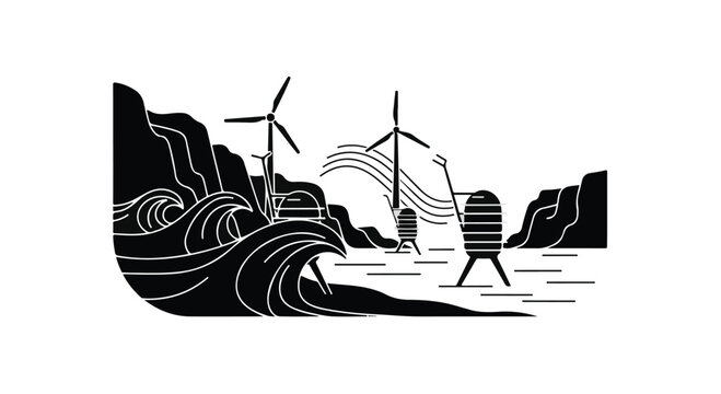 Renewable energy sources power a coastal landscape with wind turbines and ocean waves.