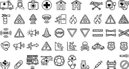 Emergency services medical care safety warning line icons vector set with first aid traffic cone fire extingu © ROP