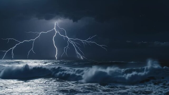 Lightning strikes over ocean waves ideal for eco-friendly campaigns and travel vlogs