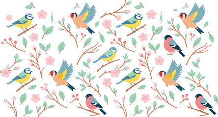 Fototapeta premium Seamless Floral Bird Pattern Featuring Colorful Spring Songbirds Cherry Blossoms and Botanical Branches in Decorative Nature Vector Illustration Design