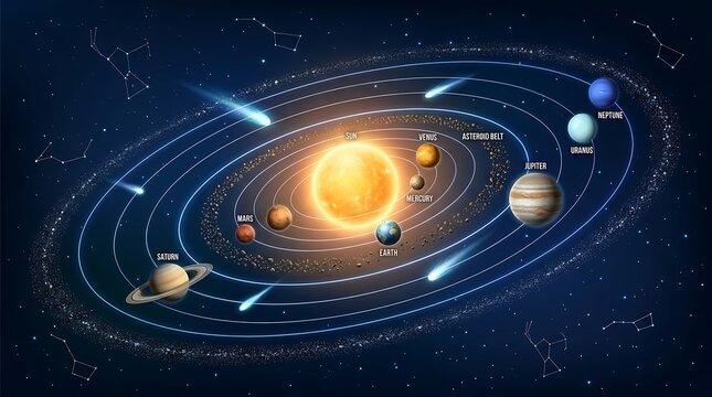 Vibrant solar system illustration with sun, planets including Earth, Mars, Jupiter, Saturn, and distant planets, orbiting comets, and constellations in deep space.
