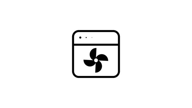 A simple outline icon of a browser window featuring a rotating fan or turbine symbol that may represent loading performance or system processing activity