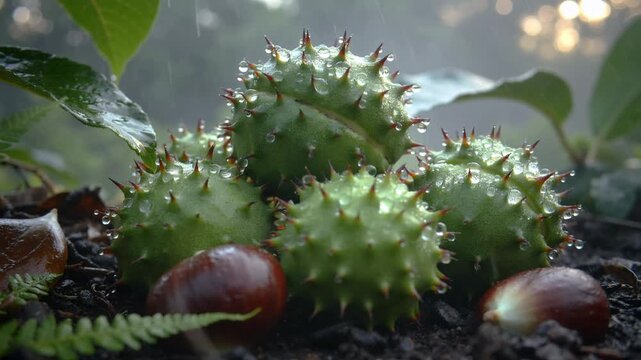 Fresh Horse Chestnuts With Raindrops On Forest Floor During Rainfall