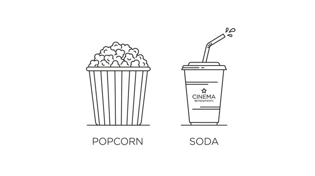 Simple black and white line art illustration of popcorn and soda cup, ideal for cinema or movie night themes