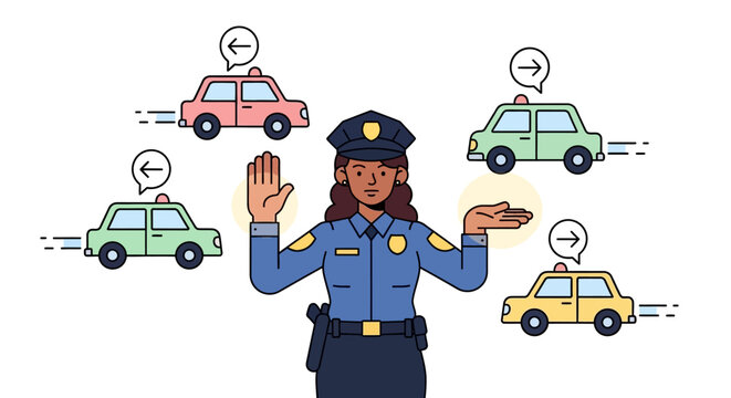 Police Officer Directing Traffic with Cars.