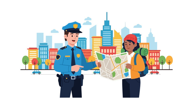 Police officer helping tourist with map in city.