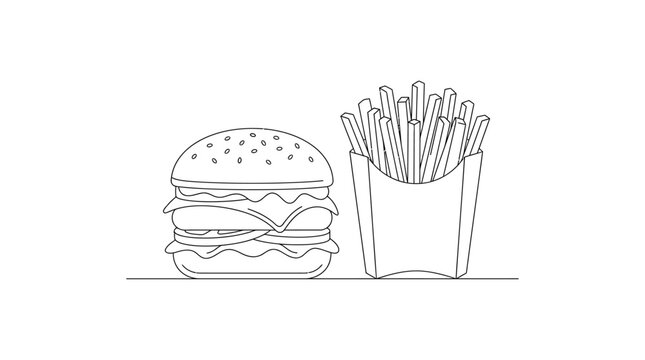 Line art illustration of a classic hamburger with french fries in a box, a simple and delicious fast food meal
