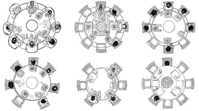 Minimal CAD dining top view drawings set with people eating at tables, overhead food and tableware layout in clean architectural line style for plans and layouts Stock Vector