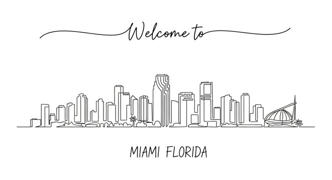 Miami Florida Skyline Line Art Illustration - Welcome City Graphic
