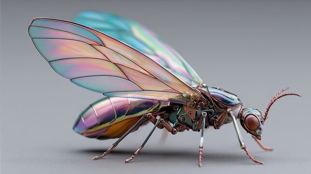 A colorful insect with iridescent wings is captured in a detailed close-up photograph