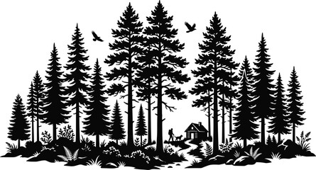 Coniferous pine forest wilderness landscape vector illustration with a cabin hiker birds and dog silhouette isolated on white background © NR
