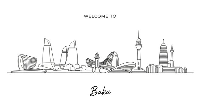 Baku Skyline Outline Illustration - Azerbaijan Cityscape, Modern Architecture
