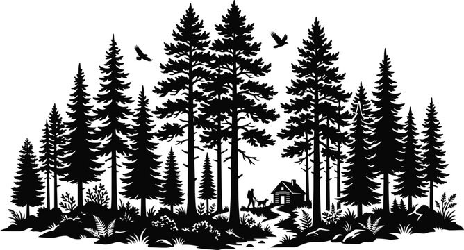 Coniferous pine forest wilderness landscape vector illustration with a cabin hiker birds and dog silhouette isolated on white background