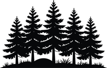 Evergreen pine forest trees silhouette vector illustration featuring coniferous spruce timber fir wilderness scenery isolated on white background © NR