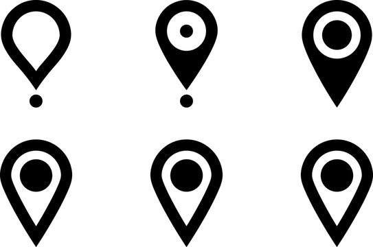 Set of black map pointer icons and location pin symbols isolated on a white background for navigation UI.