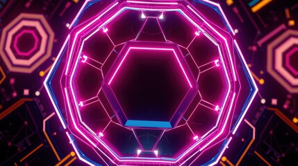 Fototapeta premium Neon octagon tunnel. Bright pink, blue, orange lights create futuristic effect. Dark background emphasizes glowing geometric shapes.