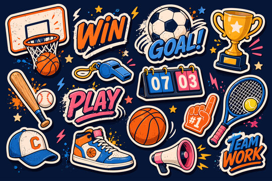 A vibrant collection of cartoon sports stickers featuring various equipment, trophies, and motivational words on a dark background, perfect for athletic themes.
