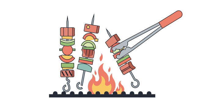 Skewers of food being grilled over an open fire.