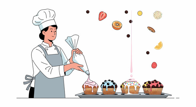Skilled baker decorating delicious cupcakes with frosting and fruits.