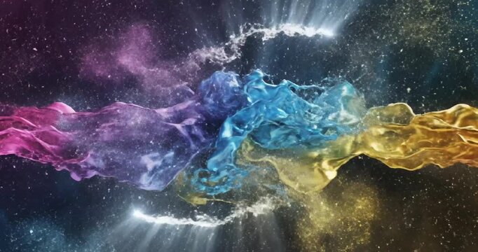 Colorful abstract waves of fabric and light intertwine in a cosmic background