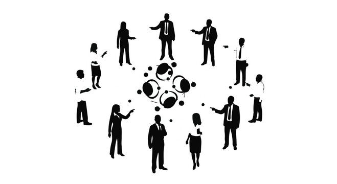 Diverse team collaborating and connecting in a circular formation around a central idea