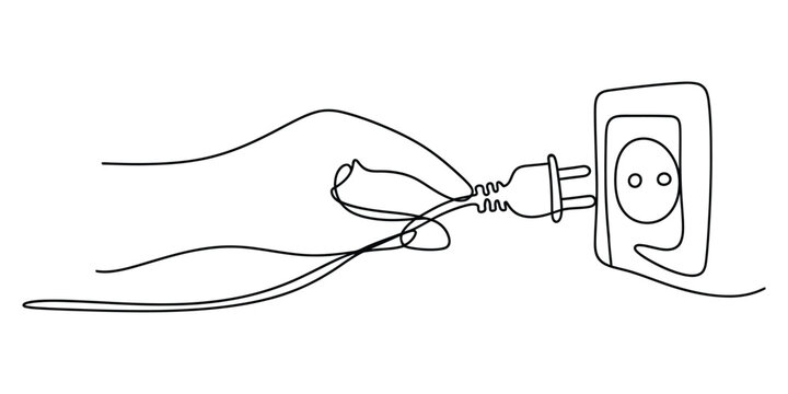 Hand plugging electric cord into wall outlet line art
