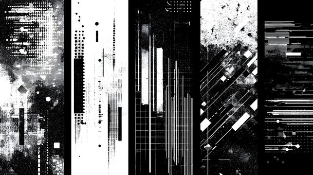 Retro futuristic posters with distorted geometric forms and ASCII style elements. Monochrome anti design banner with abstract glitch shapes and lines, grunge urban bitmap aesthetics poster vector 