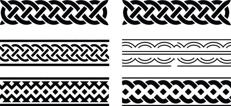 Decorative braid border set, black and white interwoven knot patterns for ornamental frames classic line art and elegant design projects.