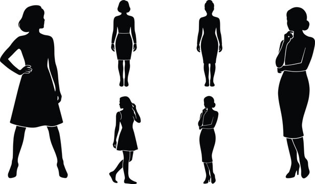 Elegant Female Silhouette Collection Featuring Standing and Walking Women in Stylish Poses Isolated on Minimal Gray Background Design