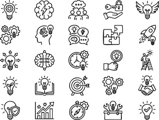 Hand drawn line icons set representing ideas innovation creativity problem solving business strategy concepts © RINA