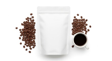Naklejka premium Flat lay of coffee beans and brewed coffee cup on white surface
