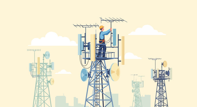 Telecommunication tower technician working on antenna installation.