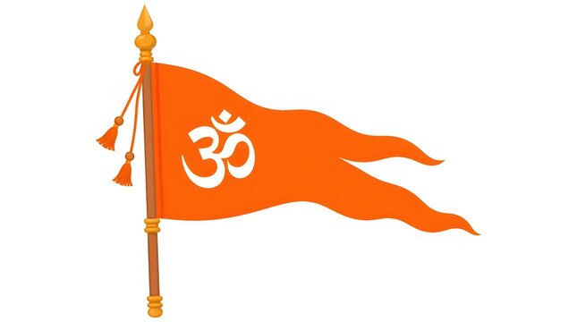 Bright Orange Flag with Om Symbol on Pole in Wind