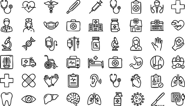 Hand drawn medical healthcare icons set. doctor hospital first aid diagnosis treatment vector symbols