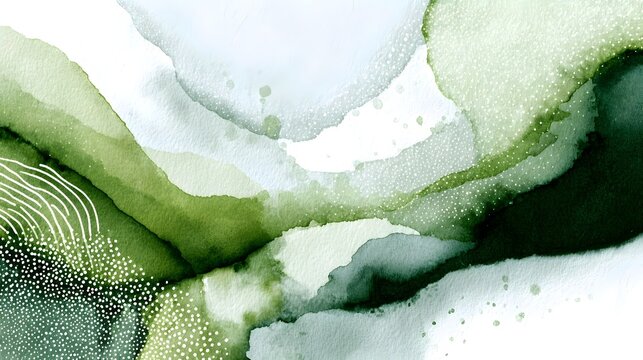 Soft abstract watercolor background with organic green textures and fluid brush strokes. Hand painted digital illustration inspired by natural landscapes, suitable for branding, packaging