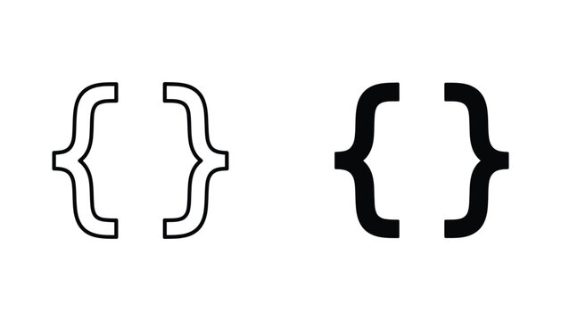 Curly brackets code symbol icon set in outline and solid black styles used for software development programming syntax and data structure representation in technical documentation