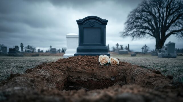 Freshly dug open grave with a dark tombstone and white flowers placed on the edge in a foggy cemetery under a gloomy cloudy sky at dusk