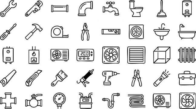 Plumbing hvac home repair tools outline vector icons collection with tape measure paint brush air conditionin