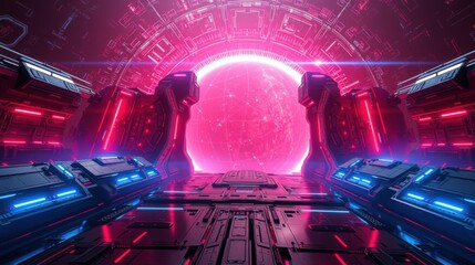 Fototapeta premium Futuristic corridor glows with vibrant pink energy. Sleek design features blue lighting, metallic surfaces, complex geometry. Dramatic perspective creates depth.