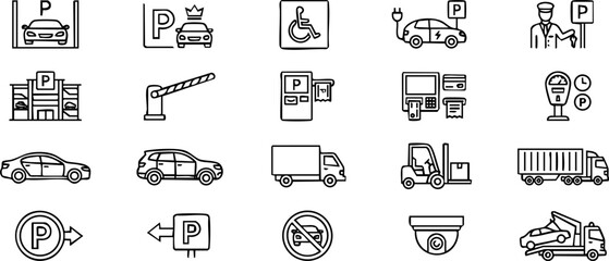 Fototapeta premium Outline vector icons representing parking automotive services various vehicles transportation logistics