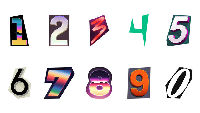 Colorful magazine cutout numbers 0-9 isolated
