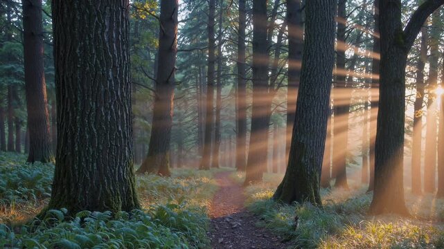 Cinematic sun rays piercing through forest trees, golden morning light in misty woodland, ethereal sunbeams illuminating pine forest floor