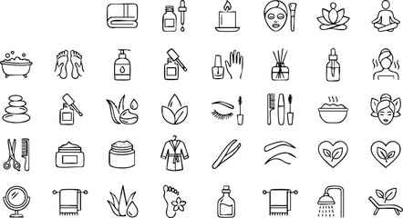Fototapeta premium Wellness and beauty icons: spa skincare self-care symbols in sketch style aloe vera nail polish