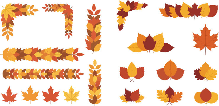 Autumn leaves vector set with decorative elements, borders, and corners in fall colors for seasonal design.