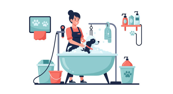 Woman grooming a small dog in a bathtub.