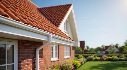 Fototapeta premium House exterior with brick wall and terracotta roof tiles on a modern home building