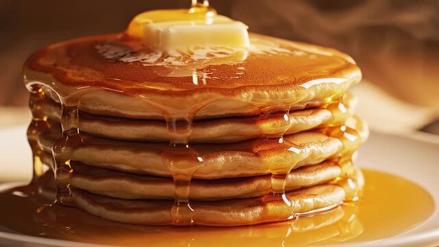 Golden pancakes topped with butter and drizzled maple syrup