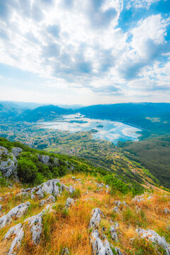 Ramsko Lake (Ramsko jezero) with its unique islands and peninsulas from the Zahum viewpoint, Bosnia and Herzegovina.